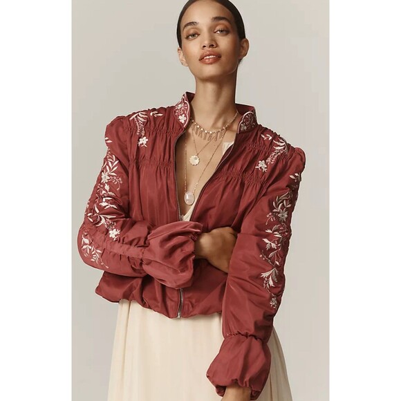 Anthropologie Jacket Women Plum Embroidered Gathered Preppy Cottagecore XS NWT